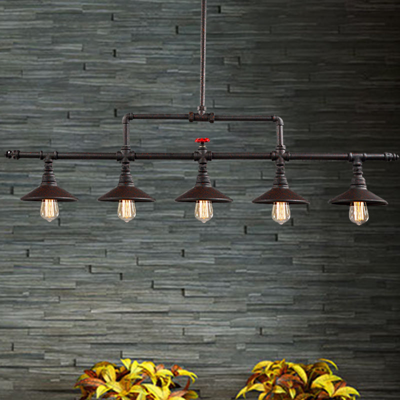 Industrial Style 3/5-Head Pendant Lighting With Cone Shade And Red Valve In Rust Finish