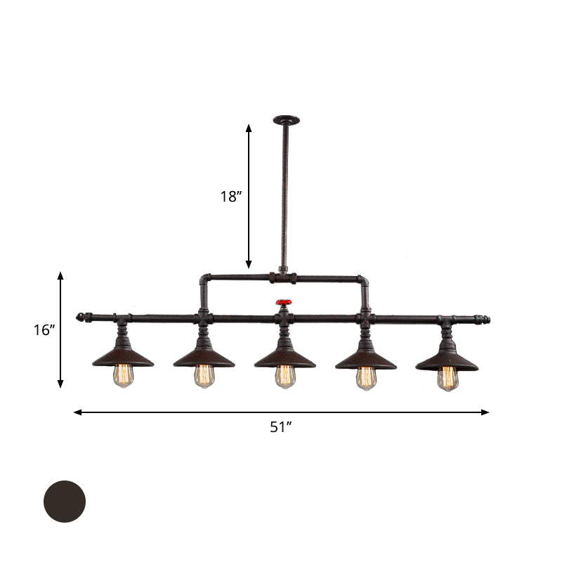 Industrial Style 3/5-Head Pendant Lighting With Cone Shade And Red Valve In Rust Finish