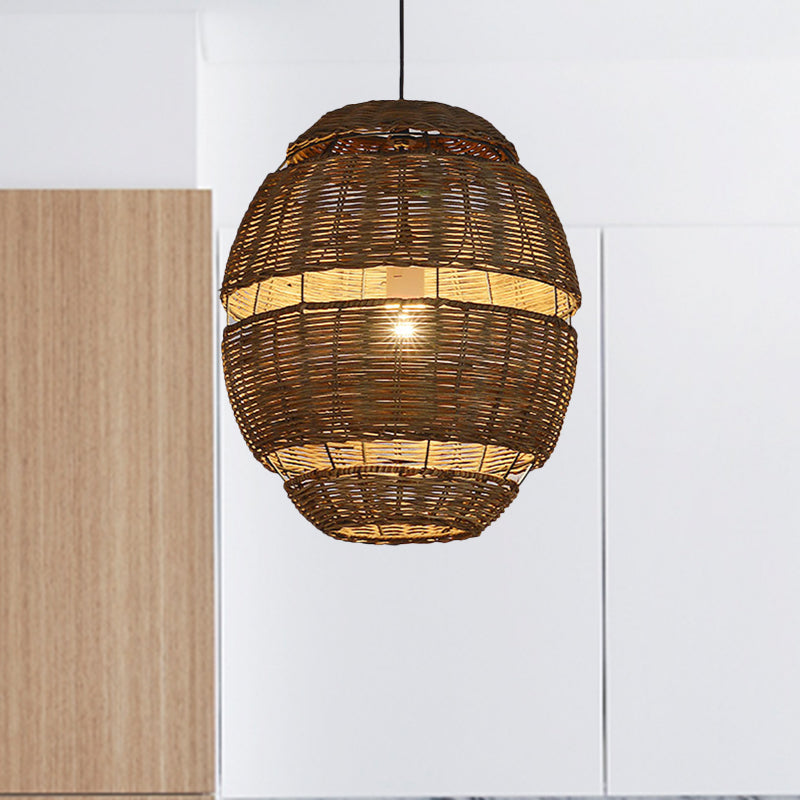 Stylish Rattan Pendant Lamp - Lodge Oval Shade Brown Ideal For Restaurant 1 Bulb Available In 14 Or