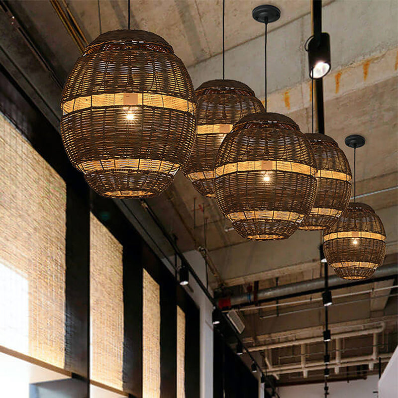 Stylish Rattan Pendant Lamp - Lodge Oval Shade Brown Ideal For Restaurant 1 Bulb Available In 14 Or