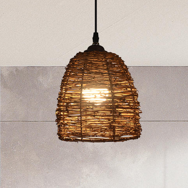 Contemporary Style Rattan Hanging Lamp With Conic Design: 1 Head Beige/Brown Suspension Light For