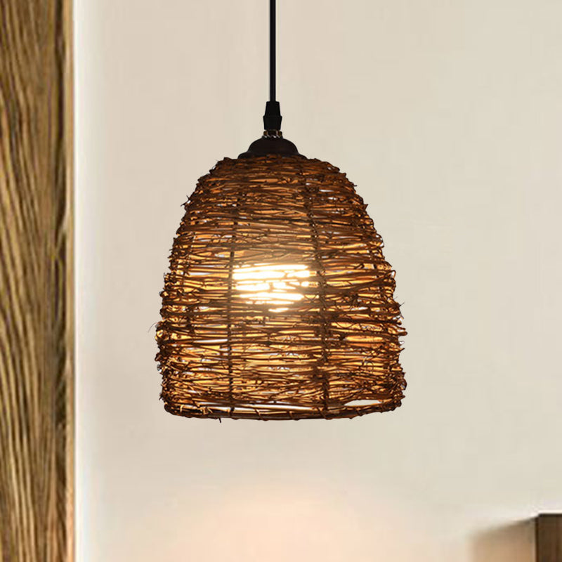 Contemporary Style Rattan Hanging Lamp With Conic Design: 1 Head Beige/Brown Suspension Light For