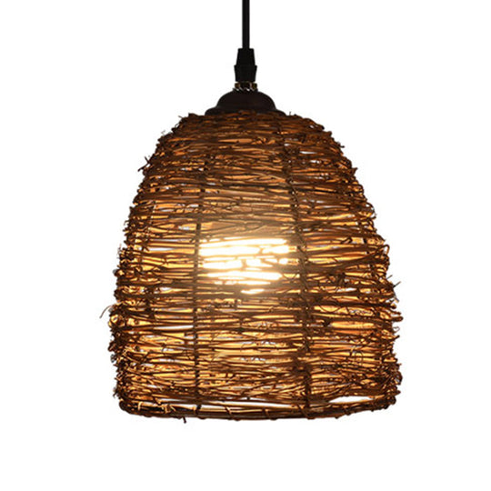 Contemporary Style Rattan Hanging Lamp With Conic Design: 1 Head Beige/Brown Suspension Light For