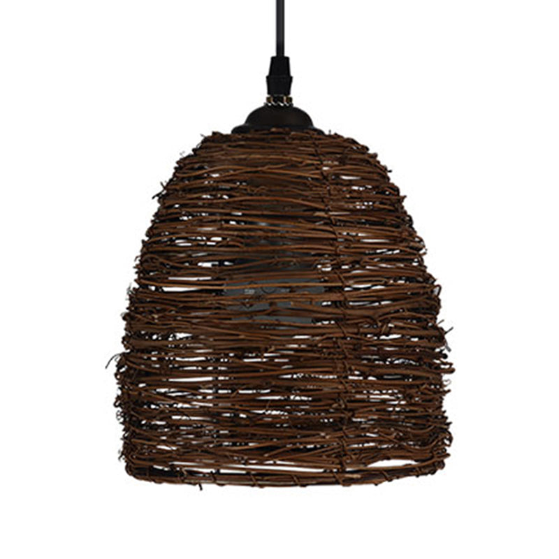 Contemporary Style Rattan Hanging Lamp With Conic Design: 1 Head Beige/Brown Suspension Light For