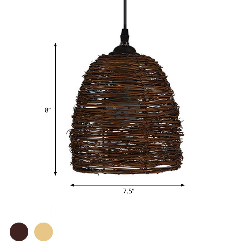 Contemporary Style Rattan Hanging Lamp With Conic Design: 1 Head Beige/Brown Suspension Light For