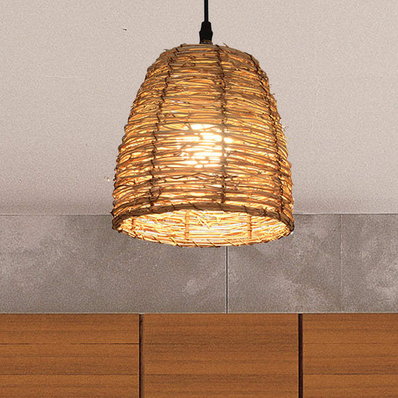 Contemporary Style Rattan Hanging Lamp With Conic Design: 1 Head Beige/Brown Suspension Light For