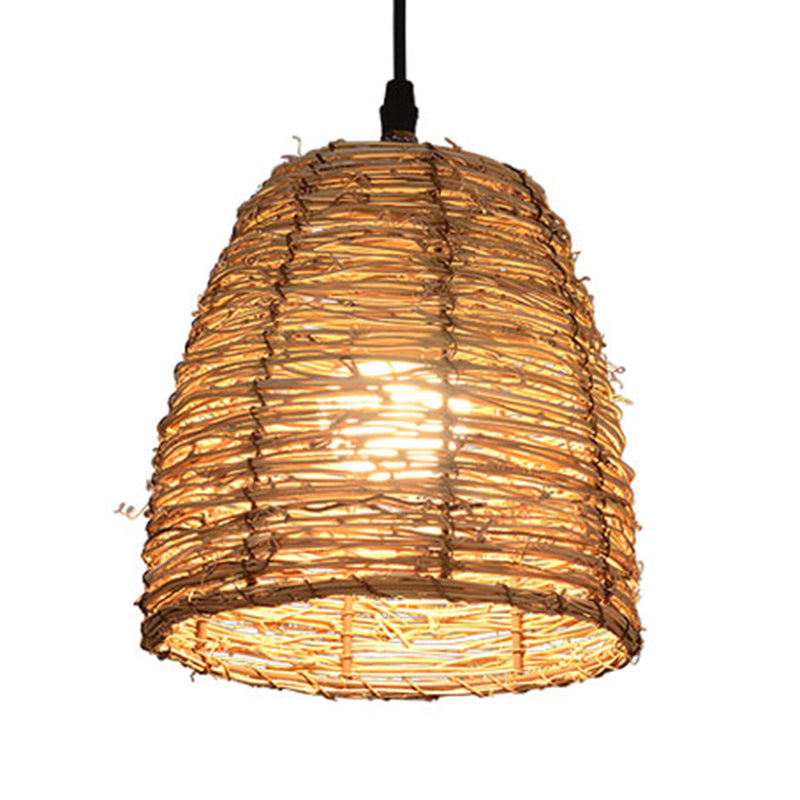 Contemporary Style Rattan Hanging Lamp With Conic Design: 1 Head Beige/Brown Suspension Light For