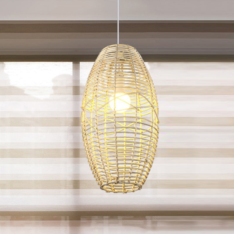 Rustic Beige/Brown Ellipse Rattan Pendant Lamp - Ideal For Restaurant And Cafe Ambience