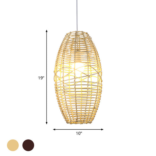 Rustic Beige/Brown Ellipse Rattan Pendant Lamp - Ideal For Restaurant And Cafe Ambience