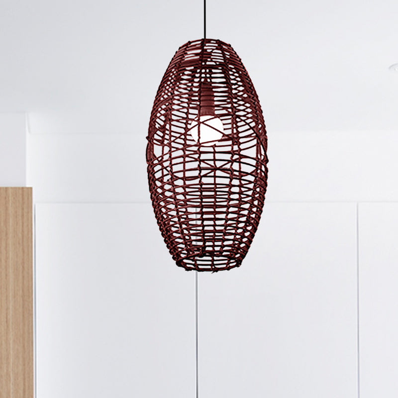 Rustic Beige/Brown Ellipse Rattan Pendant Lamp - Ideal For Restaurant And Cafe Ambience