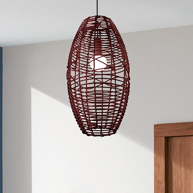 Rustic Beige/Brown Ellipse Rattan Pendant Lamp - Ideal For Restaurant And Cafe Ambience