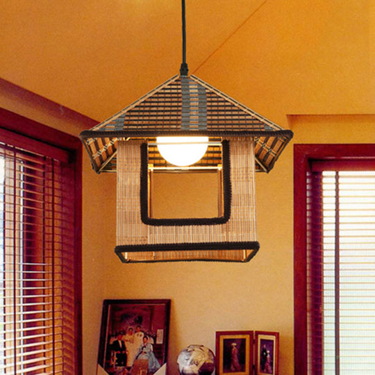 Farmhouse Bamboo Pendant Lamp: Knitted House-Shaped Light For Cafe Or Restaurant