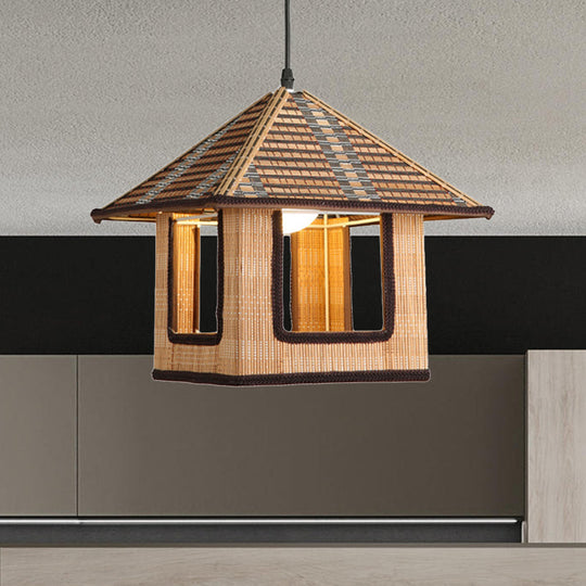 Farmhouse Bamboo Pendant Lamp: Knitted House-Shaped Light For Cafe Or Restaurant