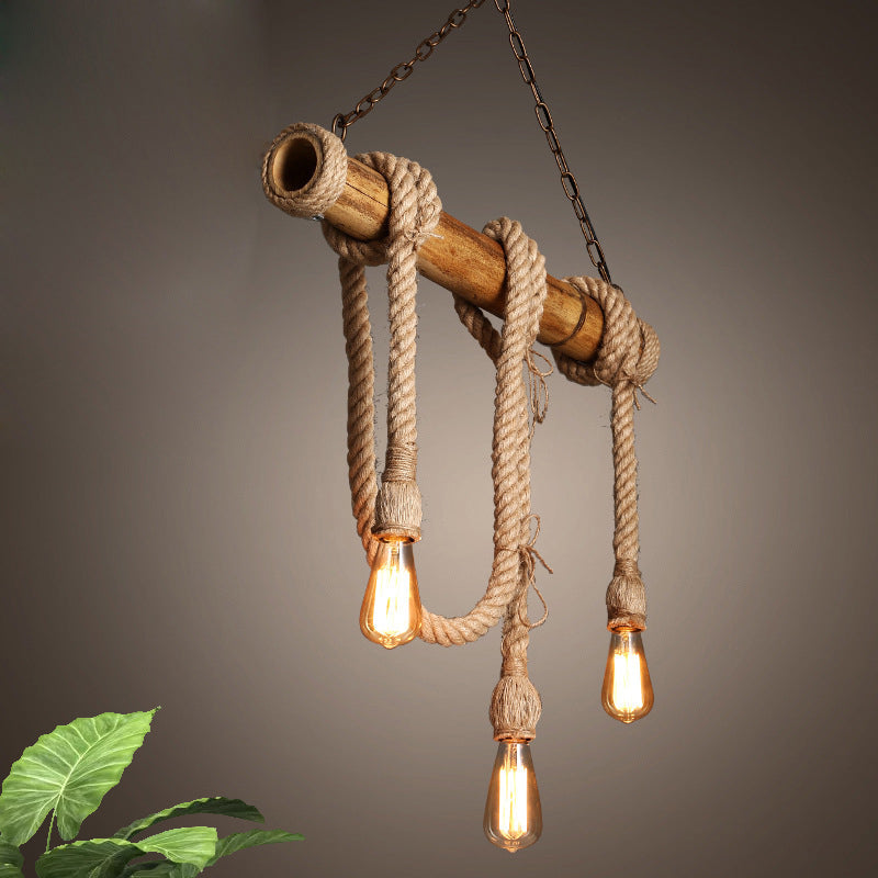 Lodge Industrial Beige Island Light With Adjustable Rope And Bamboo - 3/4 Lights Open Bulb