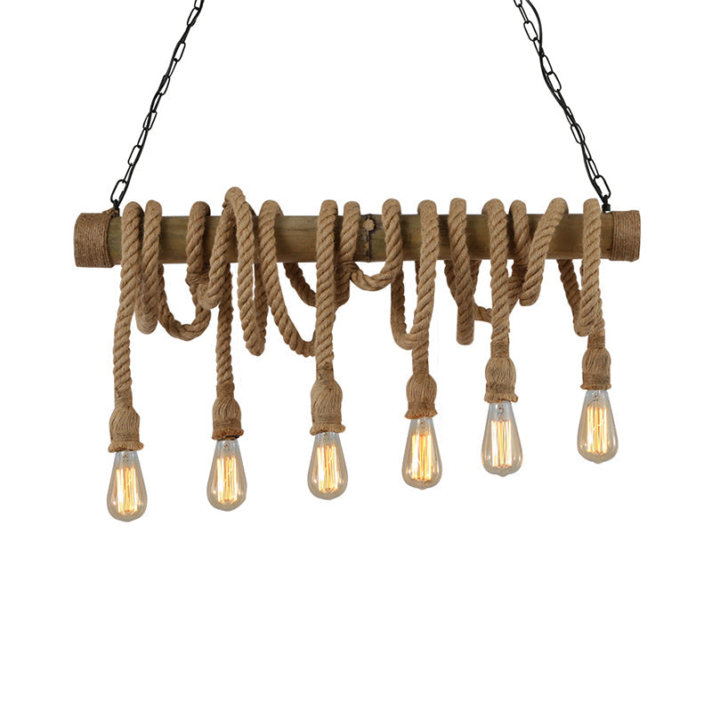 Lodge Industrial Beige Island Light With Adjustable Rope And Bamboo - 3/4 Lights Open Bulb