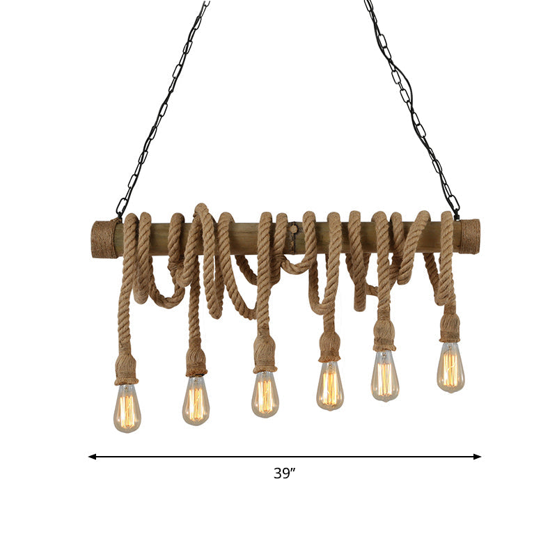 Lodge Industrial Beige Island Light With Adjustable Rope And Bamboo - 3/4 Lights Open Bulb