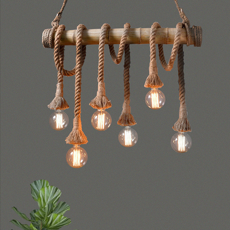 Lodge Industrial Beige Island Light With Adjustable Rope And Bamboo - 3/4 Lights Open Bulb