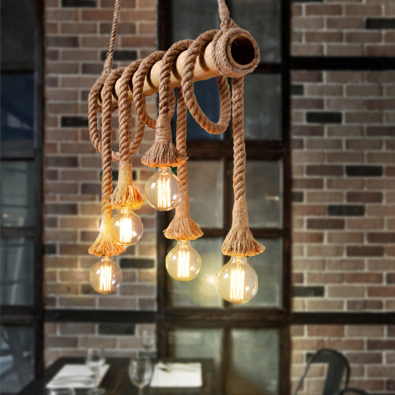 Lodge Industrial Beige Island Light With Adjustable Rope And Bamboo - 3/4 Lights Open Bulb 5 / A