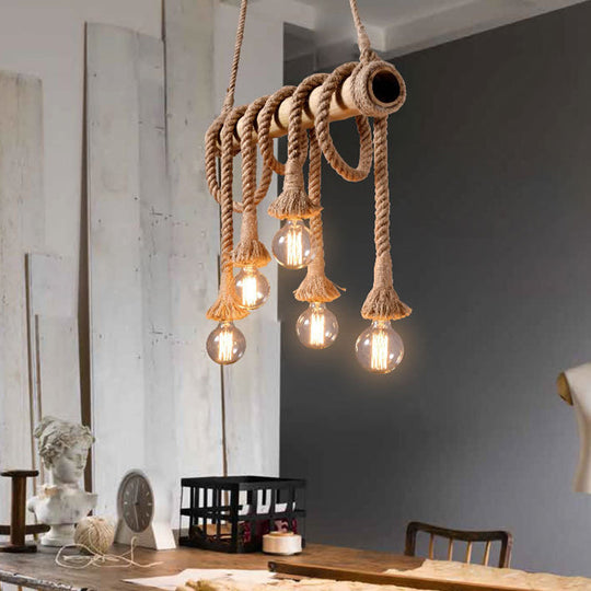 Lodge Industrial Beige Island Light With Adjustable Rope And Bamboo - 3/4 Lights Open Bulb