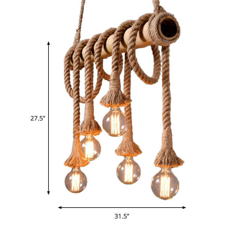 Lodge Industrial Beige Island Light With Adjustable Rope And Bamboo - 3/4 Lights Open Bulb