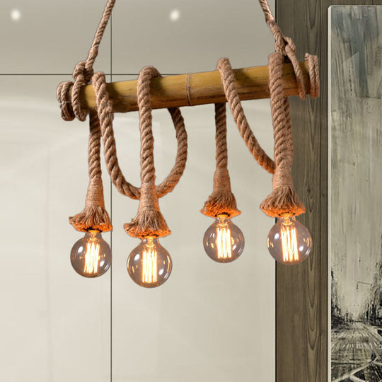 Lodge Industrial Beige Island Light With Adjustable Rope And Bamboo - 3/4 Lights Open Bulb