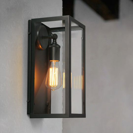 Black Glass Rectangle Sconce - Traditional Up/Down Wall Lamp For Bedroom