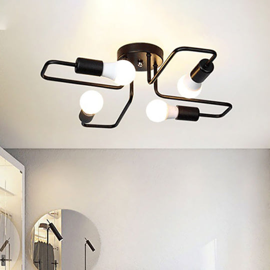 Loft Industrial Exposed Semi Flush Light Fixture - 4/6-Head Metallic Ceiling Light in Black/White for Living Room