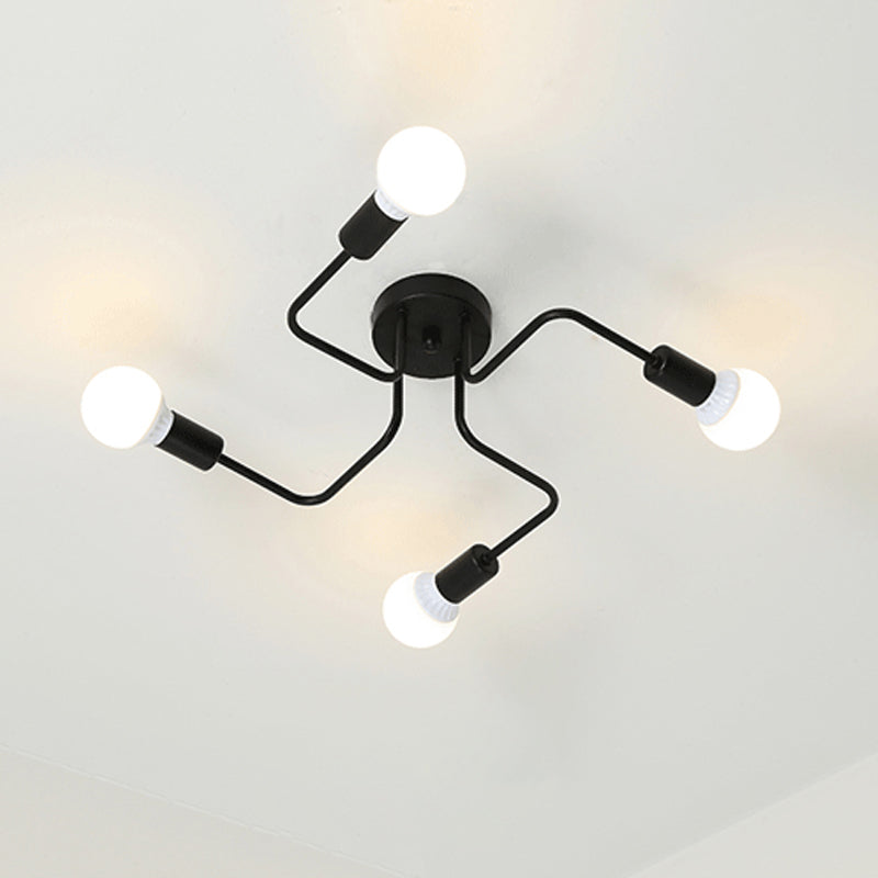 Loft Industrial Exposed Semi Flush Light Fixture - 4/6-Head Metallic Ceiling Light in Black/White for Living Room