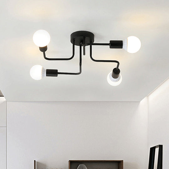 Loft Industrial Exposed Semi Flush Light Fixture - 4/6-Head Metallic Ceiling Light in Black/White for Living Room