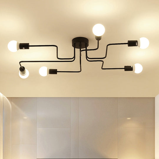 Loft Industrial Exposed Semi Flush Light Fixture - 4/6-Head Metallic Ceiling Light in Black/White for Living Room