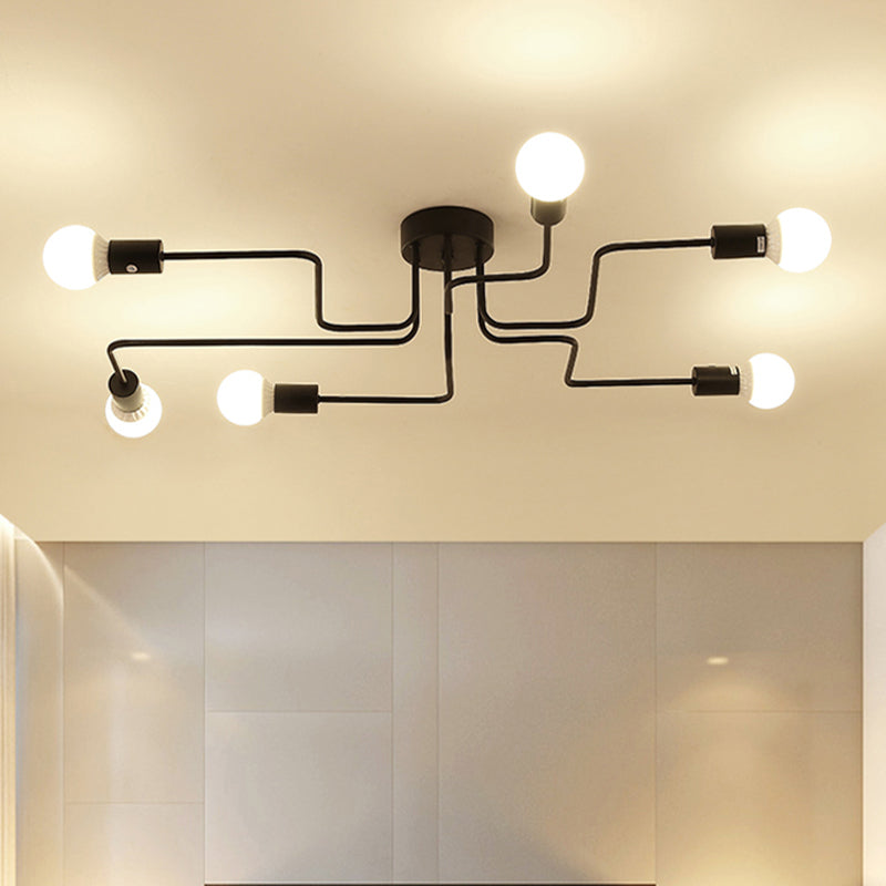 Loft Industrial Exposed Semi Flush Light Fixture - 4/6-Head Metallic Ceiling In Black/White For