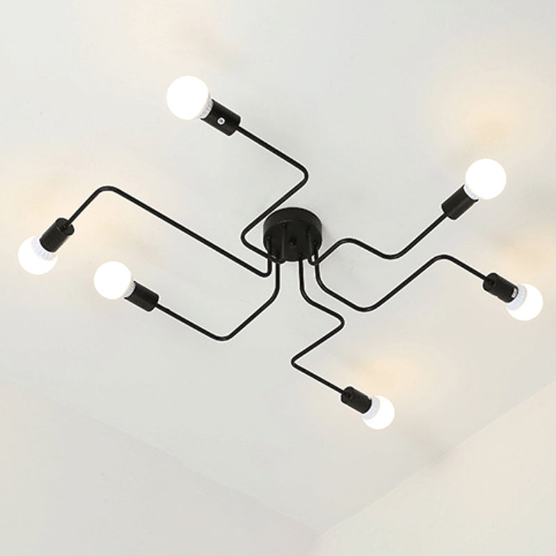 Loft Industrial Exposed Semi Flush Light Fixture - 4/6-Head Metallic Ceiling Light in Black/White for Living Room