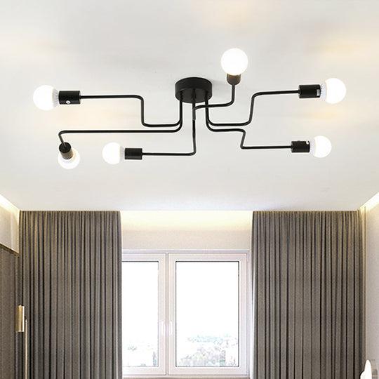 Loft Industrial Exposed Semi Flush Light Fixture - 4/6-Head Metallic Ceiling Light in Black/White for Living Room