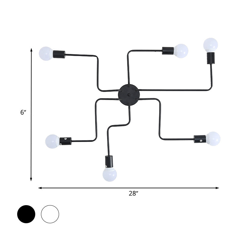 Loft Industrial Exposed Semi Flush Light Fixture - 4/6-Head Metallic Ceiling Light in Black/White for Living Room