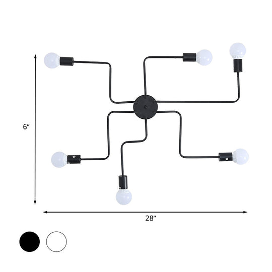 Loft Industrial Exposed Semi Flush Light Fixture - 4/6-Head Metallic Ceiling Light in Black/White for Living Room