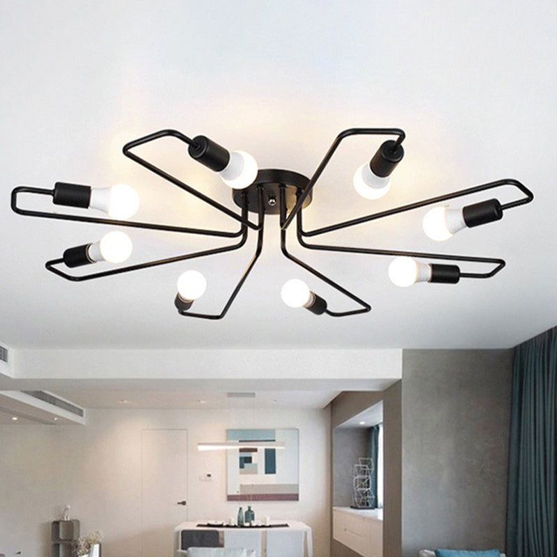 Loft Industrial Exposed Semi Flush Light Fixture - 4/6-Head Metallic Ceiling Light in Black/White for Living Room