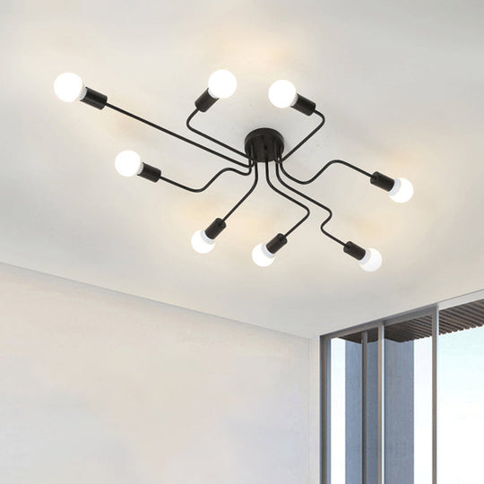 Loft Industrial Exposed Semi Flush Light Fixture - 4/6-Head Metallic Ceiling Light in Black/White for Living Room