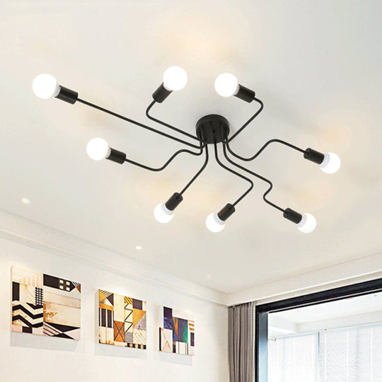 Loft Industrial Exposed Semi Flush Light Fixture - 4/6-Head Metallic Ceiling Light in Black/White for Living Room