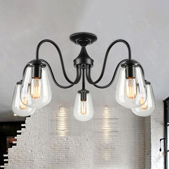 Vintage Clear Glass Semi-Flush Mount Ceiling Light with 5 Bulb Shades for Living Room in Black