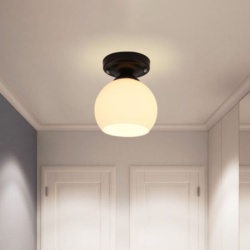 Vintage Style Semi Flush Ceiling Light Fixture 1-Light with Opal Glass Shade for Hallway – Black Finish