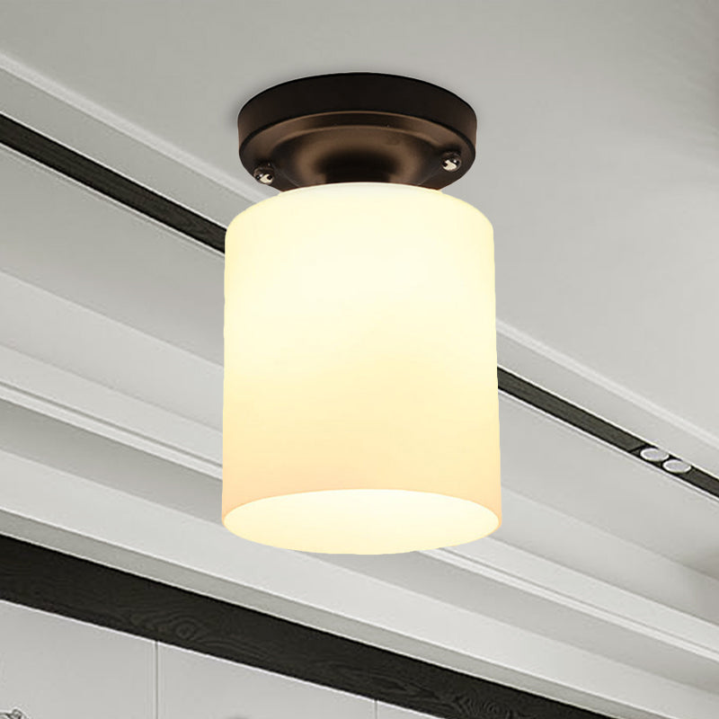 Black Industrial Milky Glass Ceiling Mount Semi Flush Light for Corridor