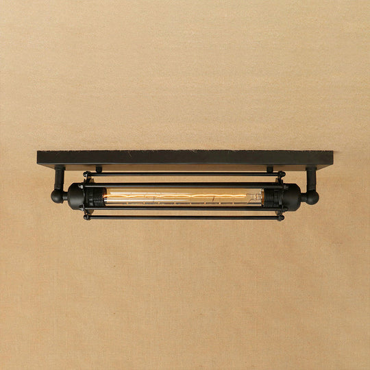 Retro Style 1-Light Linear Ceiling Mount Fixture with Cage Shade - Black Metallic Flush Mount