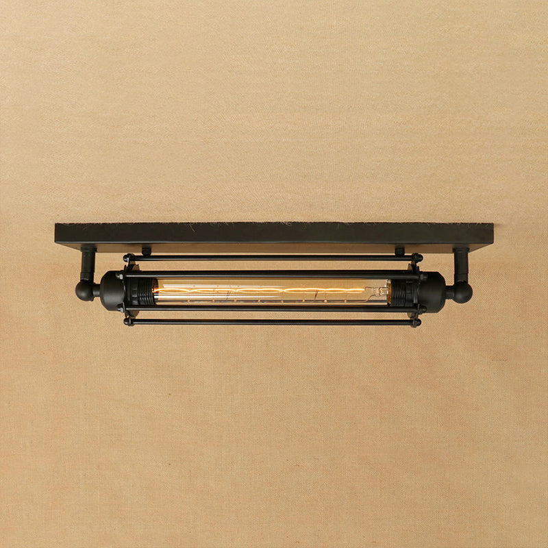 Retro Style 1-Light Linear Ceiling Mount Fixture With Cage Shade - Black Metallic Flush