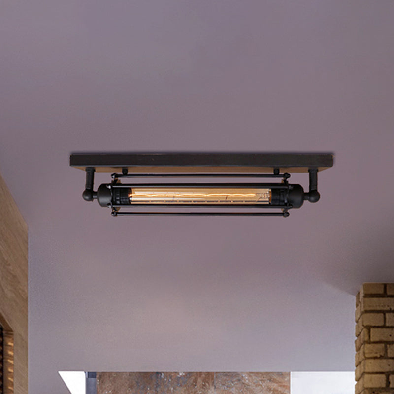 Retro Style 1-Light Linear Ceiling Mount Fixture with Cage Shade - Black Metallic Flush Mount