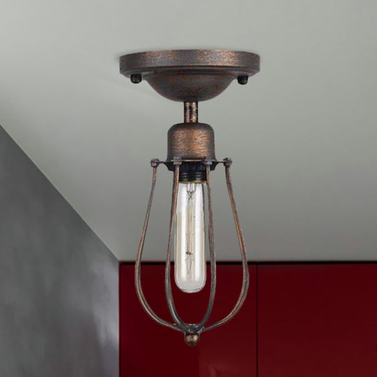 Antique Style Wrought Iron Ceiling Mini Semi Flush Light with Wire Guard and Dark Rust Finish