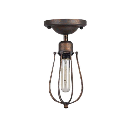 Antique Style Wrought Iron Ceiling Mini Semi Flush Light with Wire Guard and Dark Rust Finish