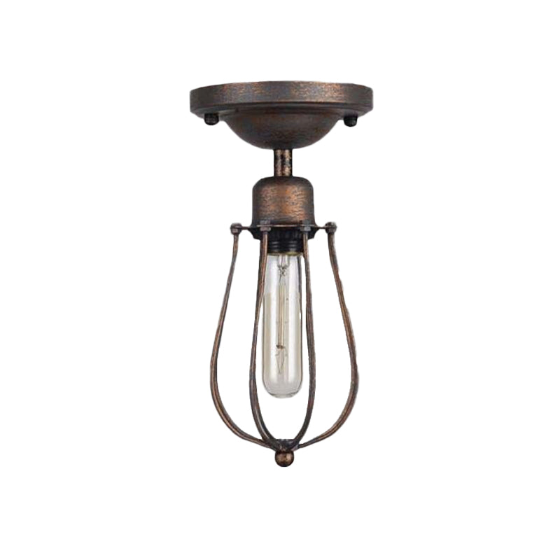 Antique Style Wrought Iron Ceiling Mini Semi Flush Light With Wire Guard And Dark Rust Finish