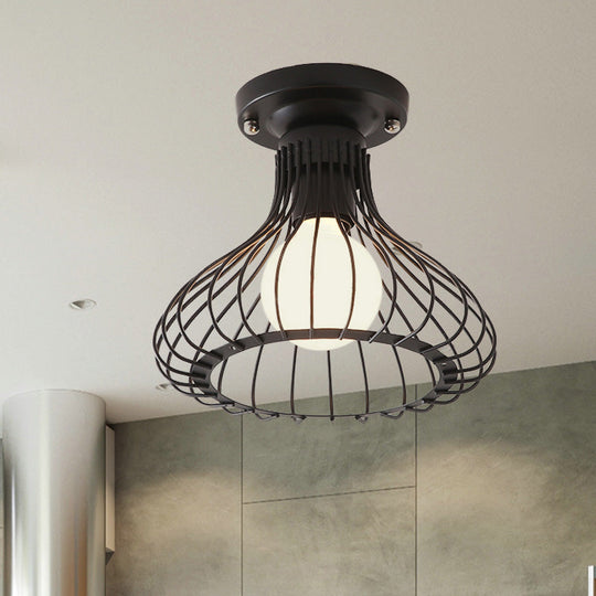 Industrial Black Metal Ceiling Light with Cylinder/Teardrop Shade - 1 Light Corridor Semi Flush Fixture