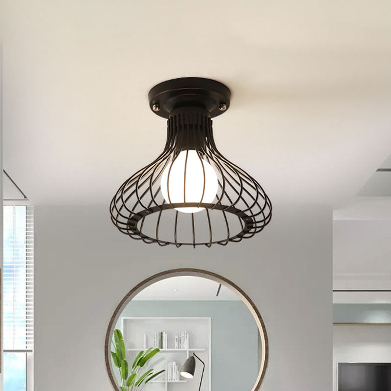 Industrial Black Metal Ceiling Light with Cylinder/Teardrop Shade - 1 Light Corridor Semi Flush Fixture