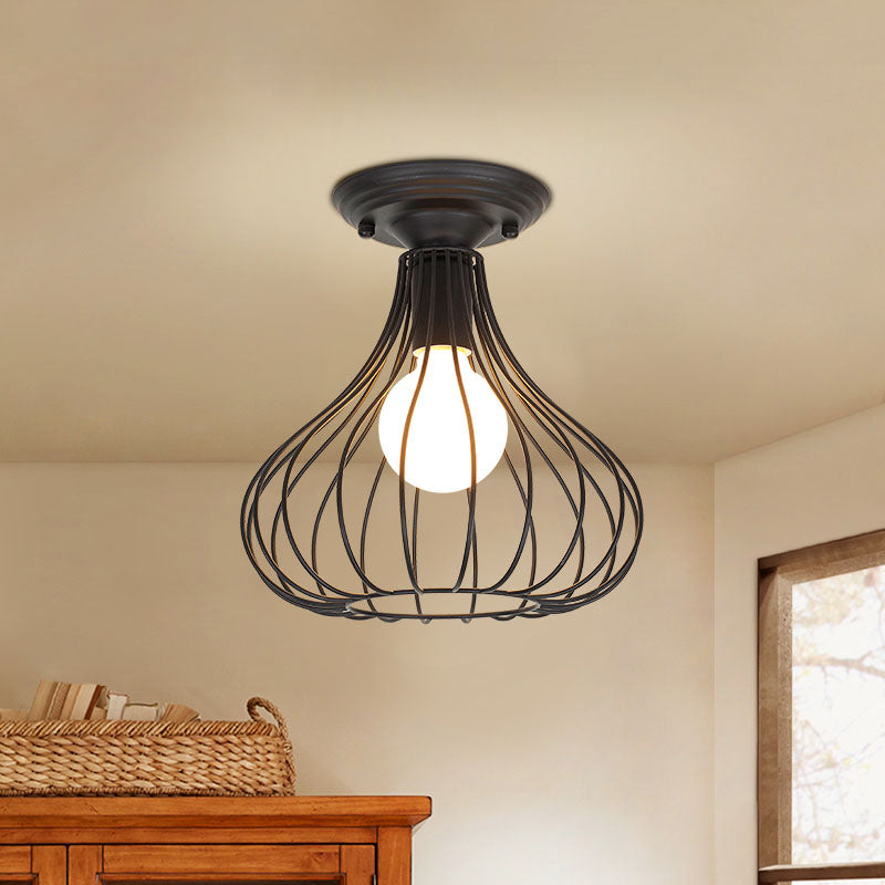 Industrial Black Metal Ceiling Light with Cylinder/Teardrop Shade - 1 Light Corridor Semi Flush Fixture